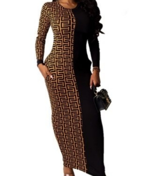 Print Contrast long straight dress - Picture 1 of 6